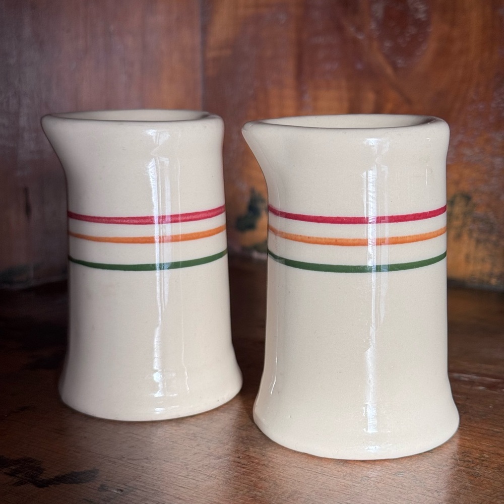 Pair of Vintage Restaurant Ware Creamers w/ Classic Red, Orange and Green Bands.